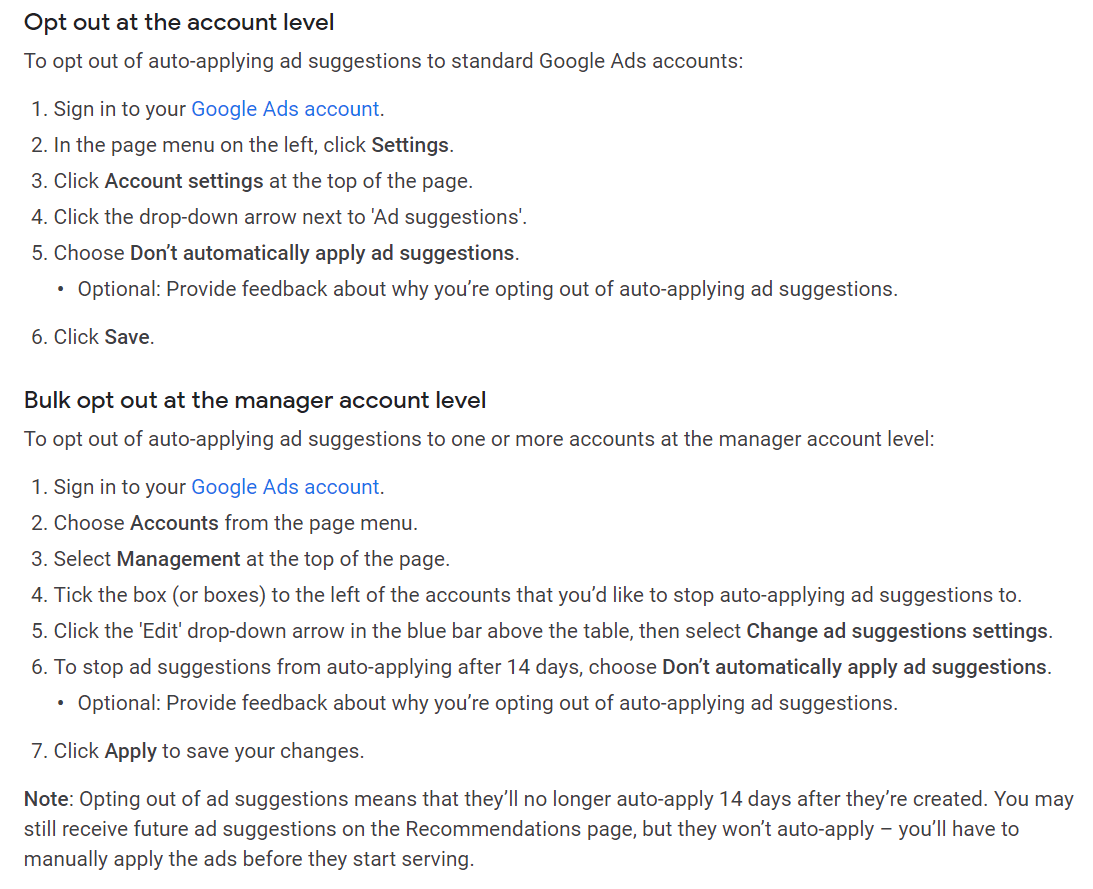 Google's instructions on how to opt out of Auto Applied Recommendations